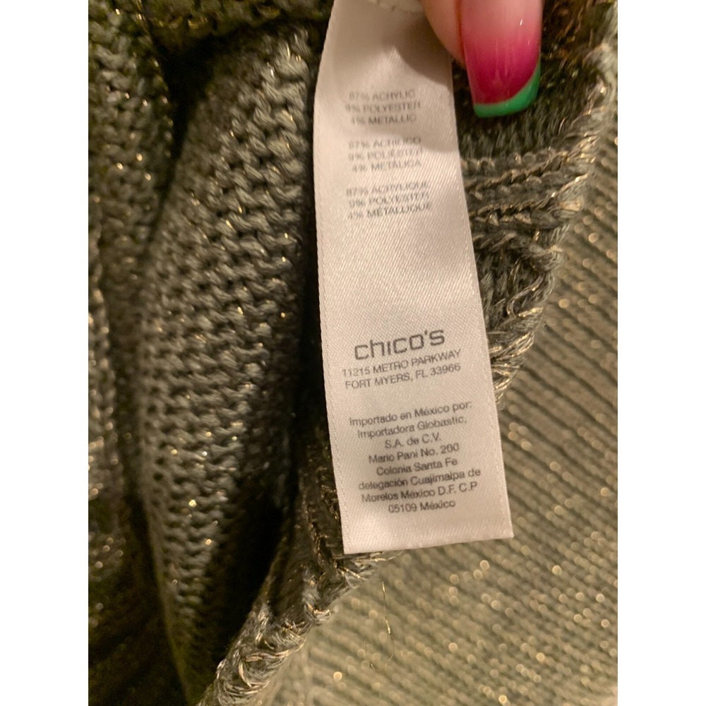Vintage Chicos Sequin Olive Green Metallic Knit Short Sleeve Sweater Sz 2 - Picture 3 of 4